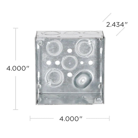 Front view of Four Inch Square Electrical Box With 2-1/8 Inch Depth And 1/2 And 3/4 Inch Side Knockouts Welded Gray 25 Pack