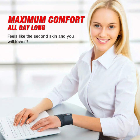Woman typing wearing All Day Ultra Comfy Carpal Tunnel Wrist Support That Fits Left Or Right Hand, Adjustable Compression Brace.
