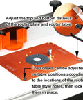 Close-up of Precision Aluminum Router Table Insert Plate, 9-1/4 x 11-3/4 inch mounted on a workbench, showing screw adjustments.