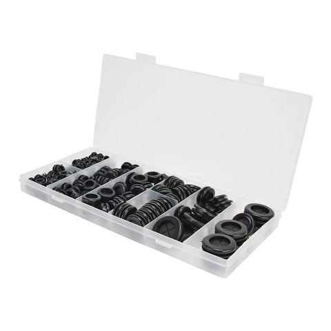 170 Piece Rubber Grommets Kit For Automotive Plumbing And PC Cables With Divided Organizer Tray Pro Grade Space Saving Low Profile Grommets That Protect Holes And Wires From Sharp Edges In Cars Boats And Electronics. open organizer tray with black rubber grommets