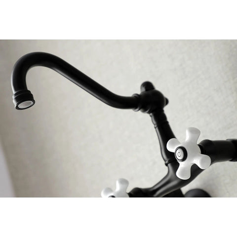 Vintage Center Wall Mount Kitchen Faucet In Matte Black With Adjustable Center Spacing From 3.5 To 8.5 Inches, Solid Brass