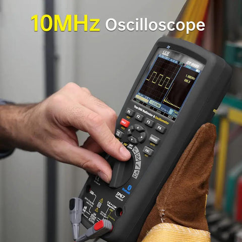 Person using Handheld Digital Oscilloscope Multimeter 3 In 1 With Bluetooth Interface 50 000 Counts 10MHz Oscilloscope 0.025 Percent DCV Accuracy 3.5 Inch Color LCD Display Real Time 50ms Sampling Motor Winding And Low Ohm Test.