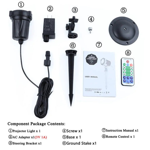 Outdoor Laser Christmas Lights Projector With RGB Moving Firefly Effects parts, including light, adapter, remote, stake, and manual