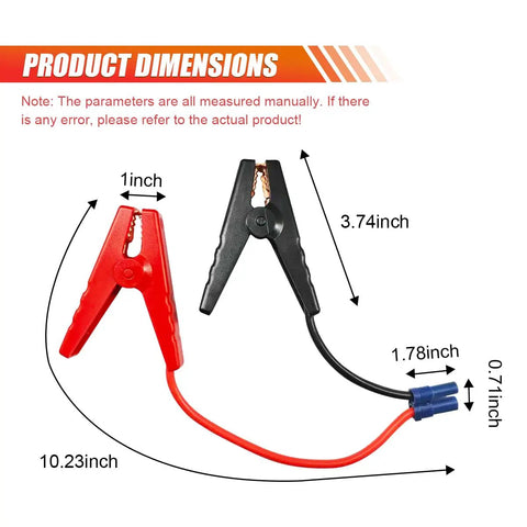 Drop In Ready Ec5 Car Jumper Starter Cable With 10 AWG Thick Wire And Rock Solid Battery Clamps dimensions showing length and clamp size.