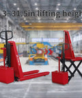 Heavy Duty Electric Scissor Pallet Jack 3300lb Capacity Walkie Truck with 45x27 Forks Auto Induction Lift in warehouse environment.