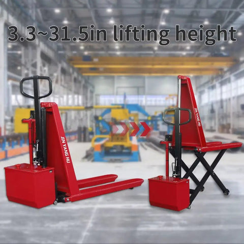 Heavy Duty Electric Scissor Pallet Jack 3300lb Capacity Walkie Truck with 45x27 Forks Auto Induction Lift in warehouse environment.