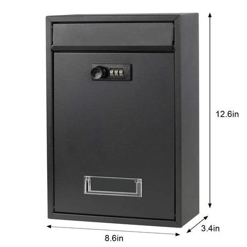 Outdoor Wall Mounted Mailbox With 3 Number Combination Lock Heavy Duty Galvanized Steel Design With Transparent Window To See Mail Status Rust Proof Locking Mail Box 12.6 By 8.5 By 3.4 Inches Black front view