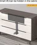Beefy Electric TV Lift Stand With Smooth Remote Operation And Auto Memory Positions For Large Screens 26 To 65 Inches shown in a sleek cabinet setup.