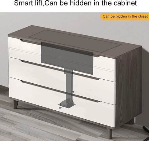 Beefy Electric TV Lift Stand With Smooth Remote Operation And Auto Memory Positions For Large Screens 26 To 65 Inches shown in a sleek cabinet setup.