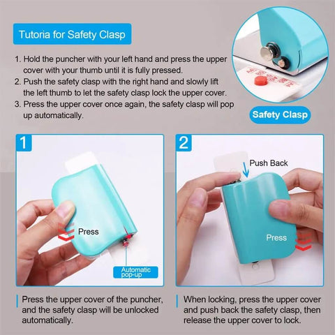 Instructions for using the safety clasp on the 6 Hole Punch Handheld Metal Craft Tool For Binding Notebooks And Scrapbooks, 5 Sheet Capacity.
