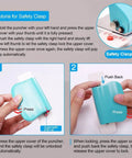 Six Hole Handheld Metal Hole Punch Tool showing safety clasp instructions for use, highlighting the push and lock mechanism.