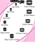Silicone Ear Gauges And Plugs Kit For Ear Stretching Black Invisible Rings Tunnels in multiple sizes from 4mm to 20mm