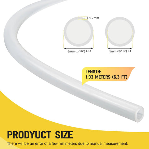 Side view of A774 silicone pressure tubing, 3/16 in ID x 5/16 in OD, 6 ft white high-temp silicone hose.
