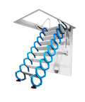 Automatic Telescopic Loft Ladder With Electric Lift For Attic Access And Rooftop Entry Built Tough, blue and white heavy-duty stairs.