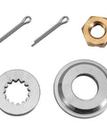 Outboard Propeller Installation Kit For 15 To 35 HP Outboards With 14 Spline Shaft Includes Easy Install Thrust Washer Aft Spacer Washer Nut Pin And Complete Hardware For Evinrude Johnson BRP And OMC components displayed