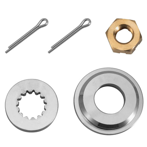 Outboard Propeller Installation Kit For 15 To 35 HP Outboards With 14 Spline Shaft Includes Easy Install Thrust Washer Aft Spacer Washer Nut Pin And Complete Hardware For Evinrude Johnson BRP And OMC components displayed