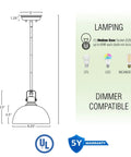 Kira Home Belle 9" Modern Industrial Pendant Light with Dome Shade, metal dimensions and features illustration.