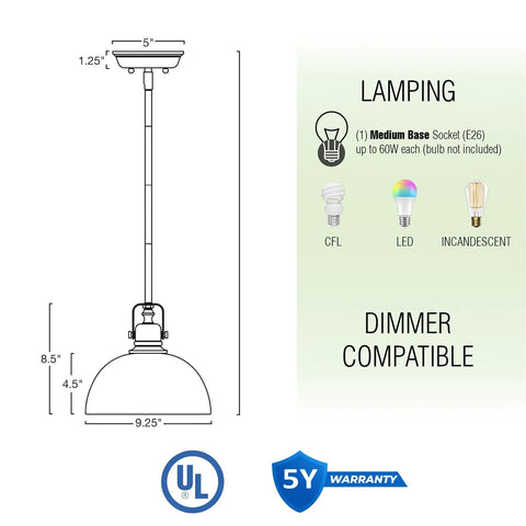 Kira Home Belle 9" Modern Industrial Pendant Light with Dome Shade, metal dimensions and features illustration.