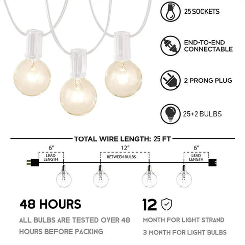 White Outdoor String Lights 25 Feet With 27 Globe Bulbs Edison Style G40 E12 Sockets IP44 Waterproof diagram