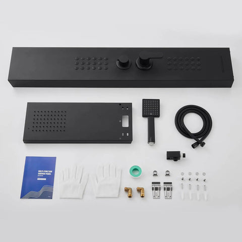 Slick Matte Black 4 In 1 Shower Panel Tower Featuring Killer Massage Jets Rainfall Head And Handheld Wand For A Game Changing Modern Bathroom Upgrade Setup
