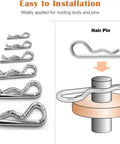 Image of zinc-plated hairpin clips beside illustration showing installation on machinery. 20 Piece Cotter Pins And R Clips Assortment Kit For Machinery And Farm Equipment.