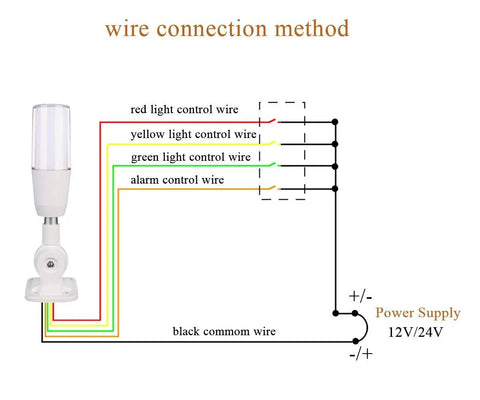 Wiring diagram for Industrial Signal Tower Light With Three Color LEDs Red Yellow Green 24V DC 100dB Buzzer Alarm.