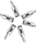 "Go To Pro Grade Diamond Hole Saw Kit For Glass Ceramic Tile And Stone One Half Inch Cutter Bits Six Pack Industrial Diamond Grit Easy Clamp Into Any Drill Cuts Bottles Pots Marble Slate Concrete Like Butter" six diamond bits spread out in a star pattern.