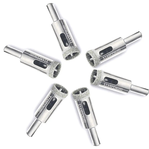 "Go To Pro Grade Diamond Hole Saw Kit For Glass Ceramic Tile And Stone One Half Inch Cutter Bits Six Pack Industrial Diamond Grit Easy Clamp Into Any Drill Cuts Bottles Pots Marble Slate Concrete Like Butter" six diamond bits spread out in a star pattern.
