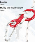 Red aluminum 35 kN Figure 8 Descender Rigging Plate for Rappelling Belaying and Tree Climbing, attached to rope and carabiner.