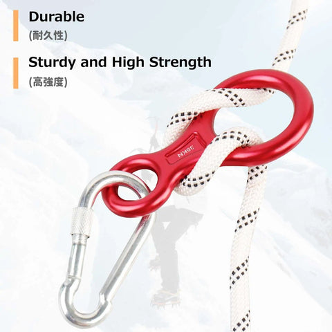 Red aluminum 35 kN Figure 8 Descender Rigging Plate for Rappelling Belaying and Tree Climbing, attached to rope and carabiner.