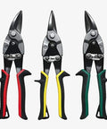 Three Pack Left Right And Straight Metal Snips Set For Sheet Metal Cutting With Ergonomic Anti Rust Grips Displayed Vertically