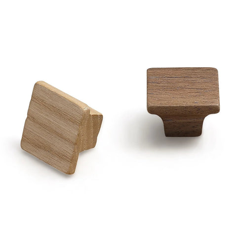 Wooden Cabinet Door Handles Four Pack Minimalist Single Hole Drawer Pulls, 35mm Length, 23mm Diameter, showing two square wooden knobs