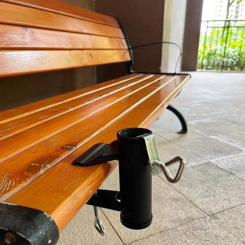 Beefy Heavy Duty Patio Umbrella Clamp Holder For Fences And Decks Ultra Tough Metal Umbrella Mount on bench