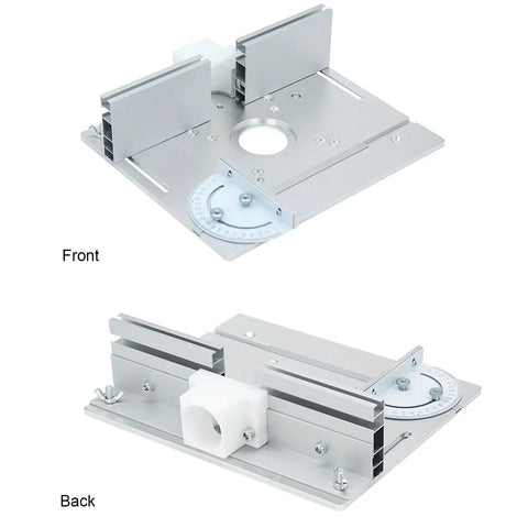 Knockout Aluminum Alloy Router Lift System Kit featuring heavy duty table insert plate, showing front and back views.
