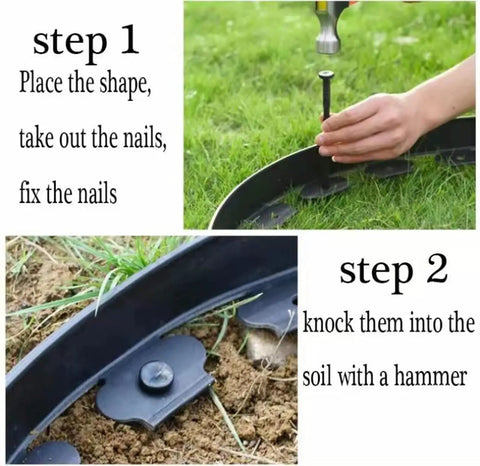 Step-by-step installation of 8 Inch Landscape Edging Spikes 25 Pack, Spiral Nylon Anchors For Paver Edging with hammer.
