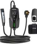 Heavy Duty Level 2 Ev Charger For Tesla With Nacs Cord And Nema 14-50 Plug At Forty Amps showing display and charging handle.