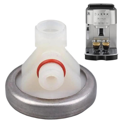 Coffee Machine Pressure Regulator For Stable Water Flow And Durable Beverage Making Component That Eliminates Pulsation From Electromagnetic Pumps Delivers Smooth Extraction And Home Barista Quality, white plastic and metal close-up