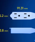 Close-up of dimensions of 6 Ft 360 Degree Rotating Flat Plug Extension Cord With 3 Outlets 16 AWG Grounded Wire White Heavy Duty Power