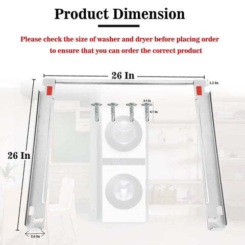 Stainless 27 Inch Laundry Stacking Kit dimensions guide with chrome steel construction, 26 inch brackets, screws for LG washer dryer.