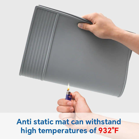 Anti Static Mat With ESD Wrist Strap And Ground Wire, Heat Resistant Silicone Soldering Pad Up To 932F shown with flame test