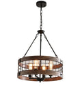 Gray 4 Light Retro Industrial Drum Pendant Chandelier With Wood Accents And Metal Finish, Hanging Ceiling Light Fixture Dia 19 Inch