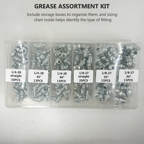 Awesome 260-Piece Hydraulic Grease Fitting Kit With Galvanized Iron Nozzles And Straight Angled Connectors Perfect Automotive Assortment In Sturdy Case For High Pressure Tough Jobs, 260pc zinc-plated fittings in labeled storage box