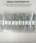 Grab This Ultimate 260 Piece Metric And Imperial Hydraulic Grease Fitting Kit With Angled Straight And Zerk Parts To Lube Your Ride Smoothly Without Taking Nothin Apart. silver metal grease assortment kit in labeled storage box, 1/4-28 and 1/8-27 fittings
