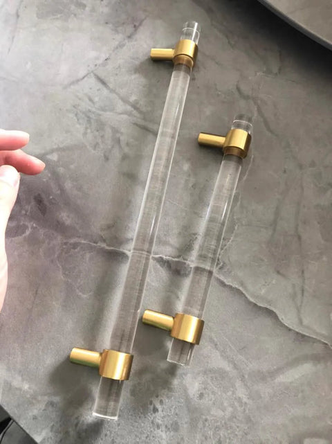 Adjustable Acrylic And Brass Cabinet Pulls With Center To Center Range 0 To 6 Point 2 Inches Four Piece Set in gold and clear finish