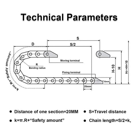 Technical diagram of CNC Cable Drag Chain 10mm By 10mm Inner Size, 1 Meter Length Bridge Type Non Openable, showing R18 Bend Radius.
