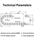 Technical diagram of R18 Bridge Type Black Plastic Drag Chain Cable Carrier 10x20mm Inner Size, 1M Length With End Connectors.