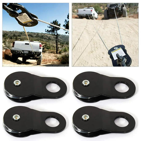 Beefy Heavy Duty Recovery Winch Snatch Block Pulley Kit For One Half To Three Quarter Inch Cable Twenty Thousand Pound Capacity Forged Steel With Black Powder Coat Four Block Set For Off Road Towing And Vehicle Recovery, 4 black pulleys in use