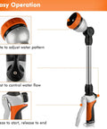 Bombproof Heavy Duty Metal Watering Wand With 16 Inch Hose Nozzle Sprayer displayed upright showing 7 spray patterns and controls
