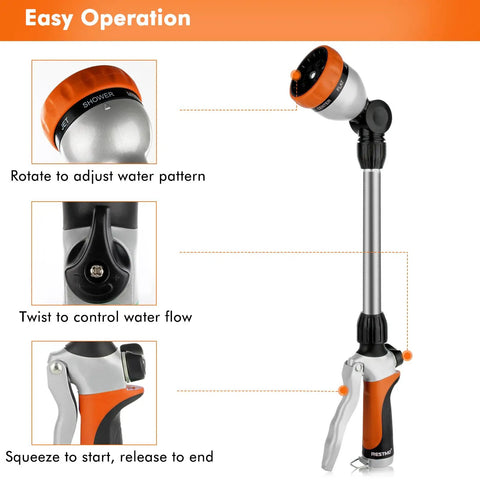 Bombproof Heavy Duty Metal Watering Wand With 16 Inch Hose Nozzle Sprayer displayed upright showing 7 spray patterns and controls