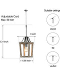 Small Rustic Farmhouse Wooden Pendant Light 1 Light Hanging Ceiling Fixture For Kitchen Island Foyer Dining Room Bedroom Living Room Handmade Antique Style With Adjustable 59-Inch Chain E26 Socket Dimmer Ready Bulb Not Included shown with dimensions and suitable ceilings